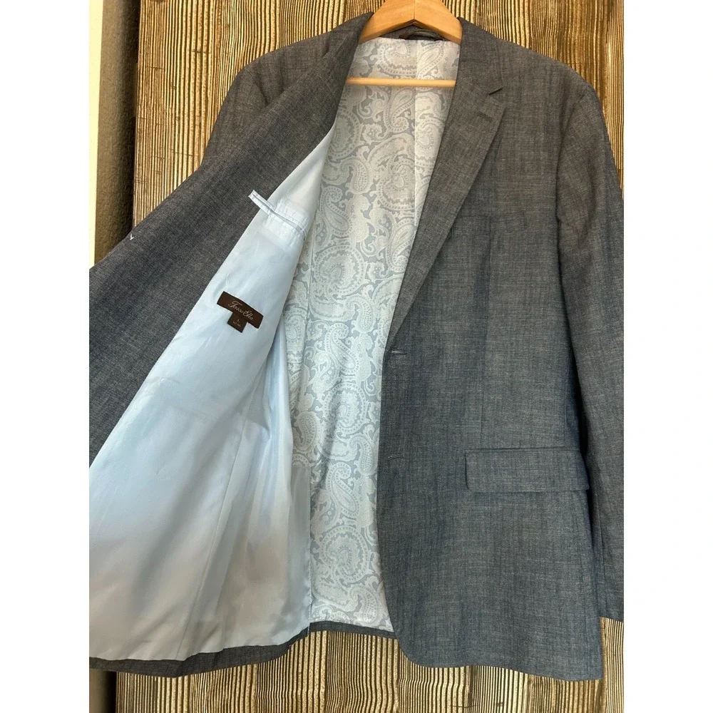 Tasso Elba Mens Blazer Woven Cotton Breathable Preppy Tropical Gray Size L 42-44